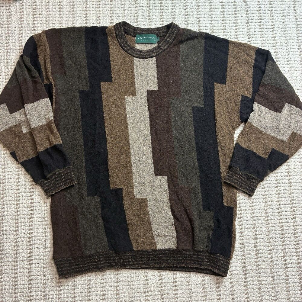 Vintage 90s Tundra Canada Sweater Cosby Terry Style Grandpa Size L Brown Tan